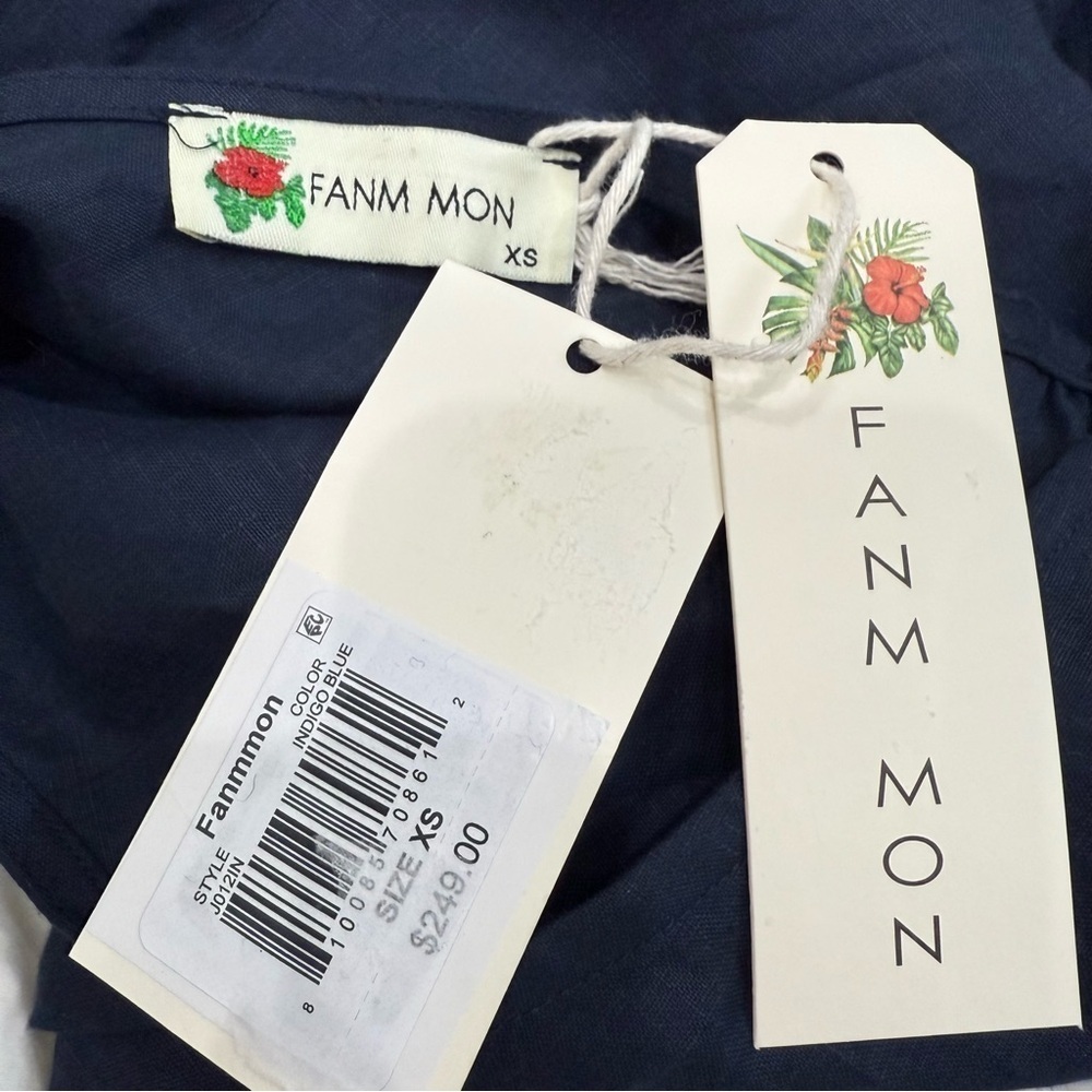 Fanm Mon Navy Flame Linen One Sleeve Ruffle Hem Floral Embroidery Mini Dress NWT - Picture 12 of 15
